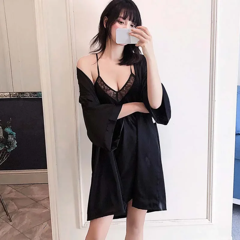 

MECHCITIZ 2019 Silk Women Robe & Gown Sets Sexy Lace Sleep Lounge Pijama Summer Robes Ladies Nightwear Bathrobe Sleepwear Dress