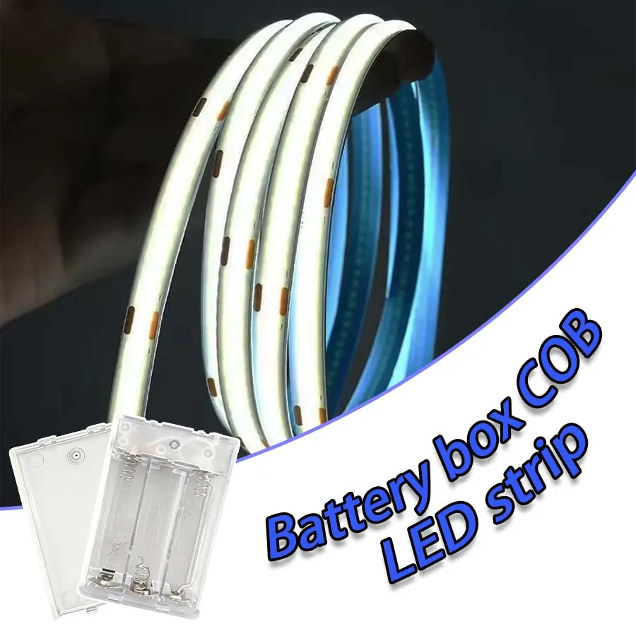 

Светодиодная лента COB со светодиодами COB и блоком питания - работает от 3 батареек типа АА (батарейки в комплект не входят), доступны 4 цвета, гибкая и адаптируемая.