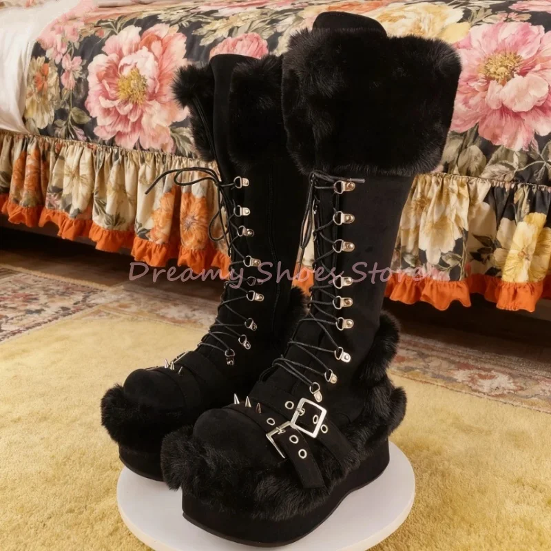 

Suede Lace Up Wedges Platform Knee High Boots Women Black Faux Fur Buckle Strap Long Boots Fashion Trendy Autumn Winter Footwear