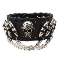 Punk Style Braclets for Men Women Black PU Leather Bangle Punk Skeleton Wristband Bracelets Metal Chain