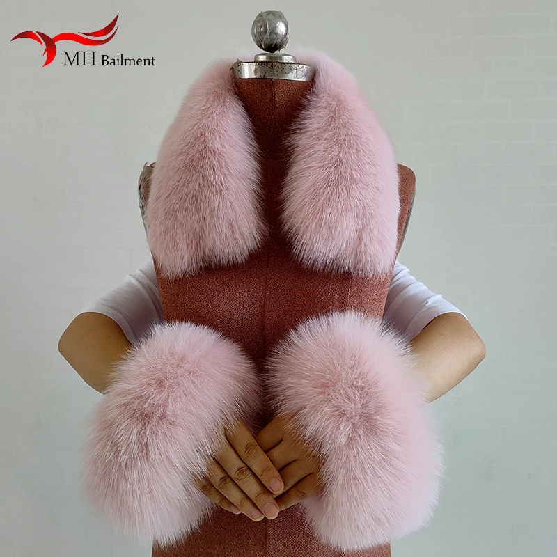 2023 New Fox Fur Square Collars Real Fur Cuffs Sets Women Winter Thick Warm Fashion Scarves Cuff Match Overcoats Accessory