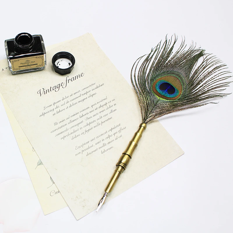 Natural Pavão Pena Dip Pen Gift Box Escrita Conjunto de Tinta Personalizável LOGO Natal Presente Escritório Escola Suprimentos