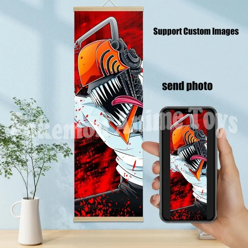 Chainsaw Man Anime Poster Wooden-framed Scroll Painting HD Quality Wall Art Retro Posters for Home Room Wall Decor