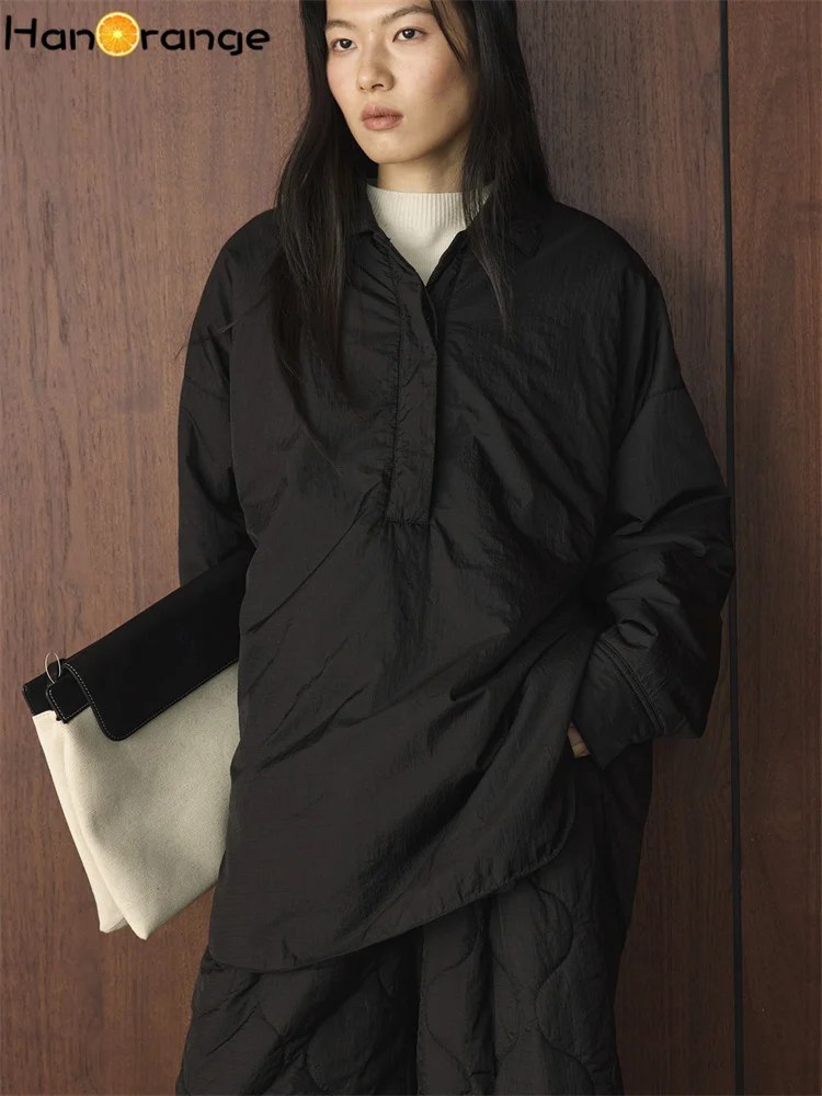 HanOrange 2026 Winter Simple Fashion Dark Grid Parkas Women Loose Comfortable Quilted Coat Black/Light Apricot