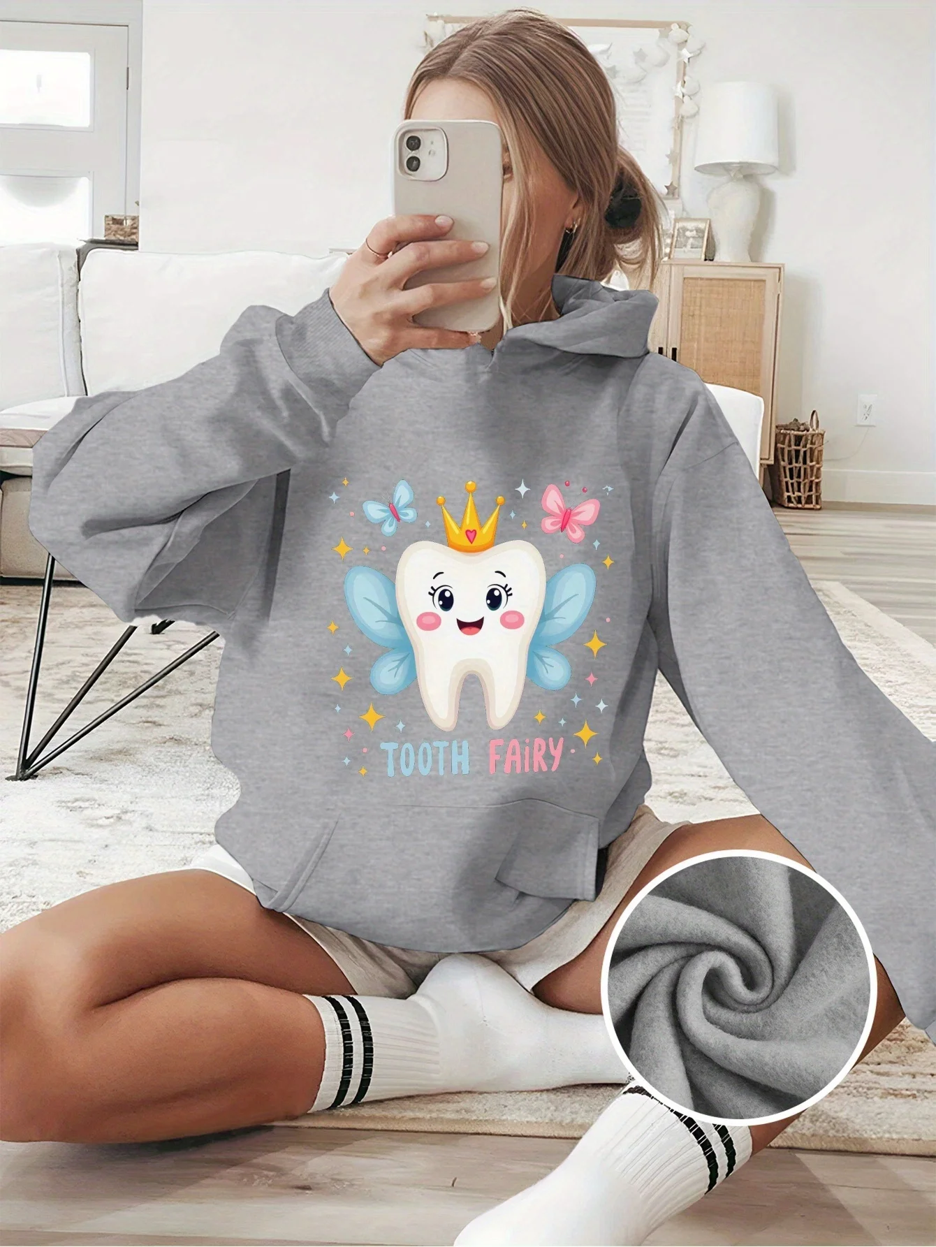 

Women's Plus Size Black Hoodie with Cute Tooth Fairy Crown & Geometric Pattern - Cozy Fleece Pullover, Front Pockets, Machine