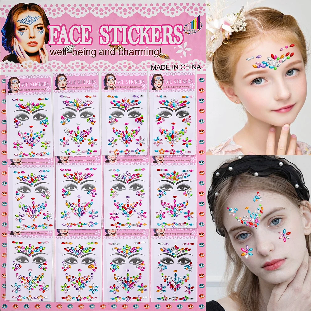 12Pcs/Set 3D Rhinestone Face Tattoo Stickers Colorful Crystal Diamond Wedding Makeup Face Sticker DIY Party Face Gems Decoration