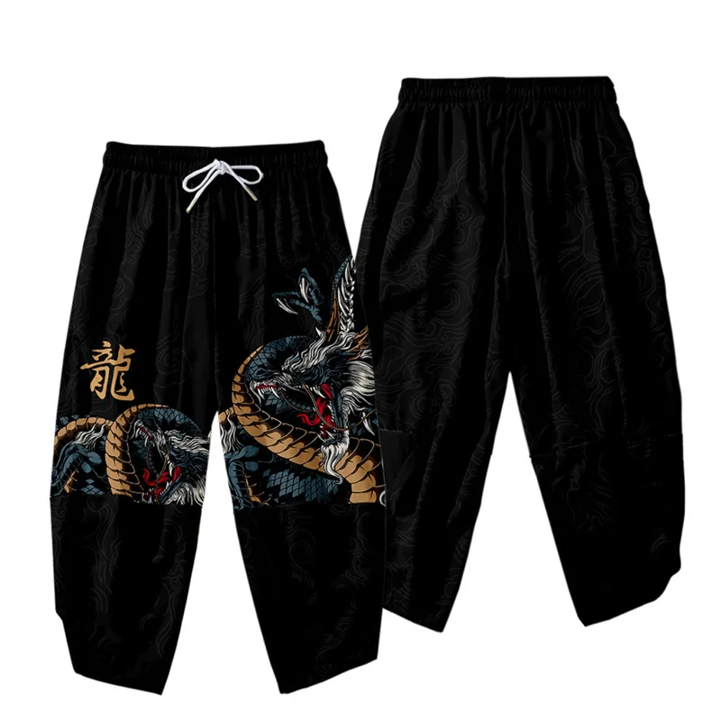 Summer Streetwear Beach Shorts Casual Chinese Dragon Print Men Women Elastic Waist Black Shorts Plus Size