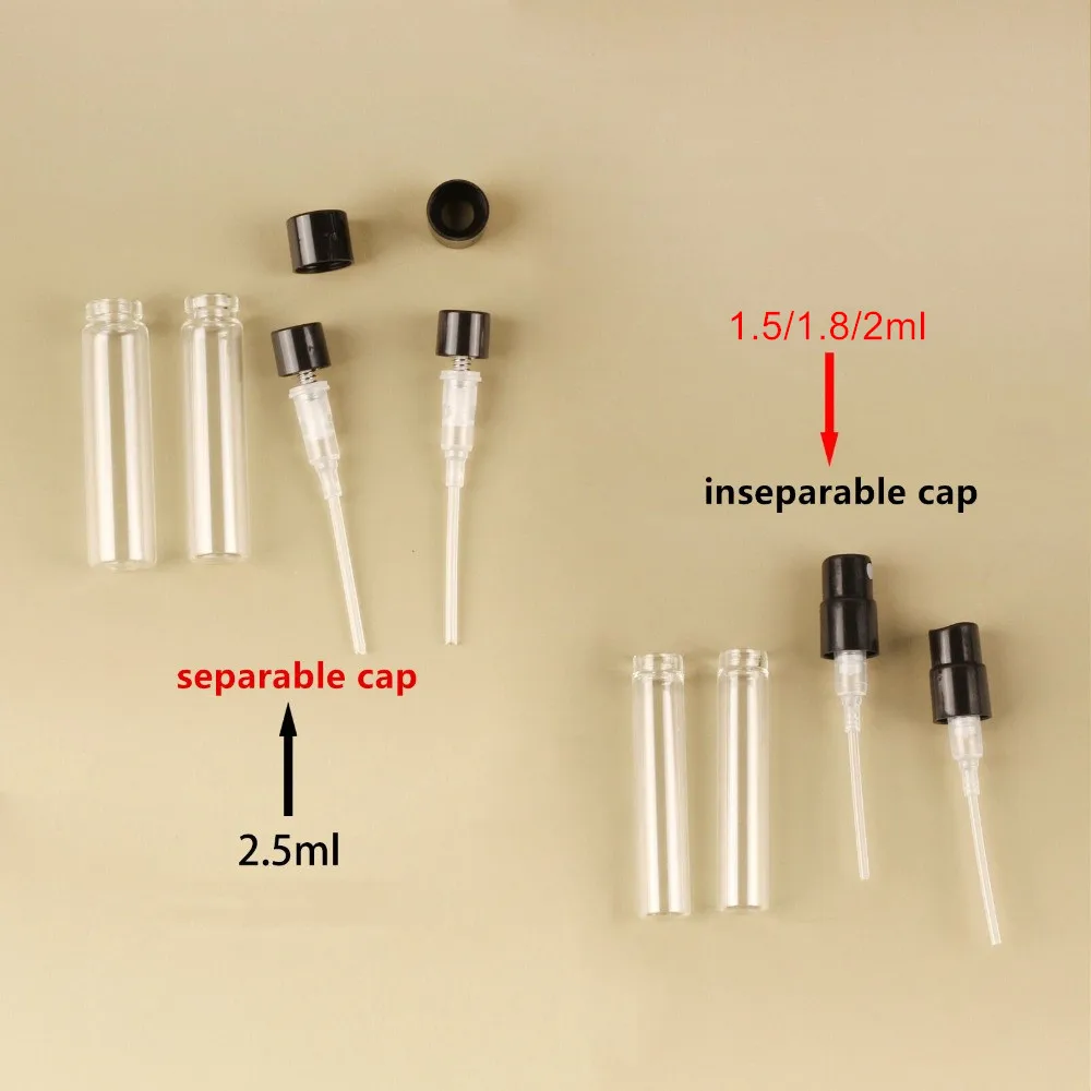 100pcs 1ml 1.5ml 1.8ml 2ml 2.5ml Bayonet Glass with Black White Transparent Invisible Spring Pump Sprayer Perfume Samples bottle