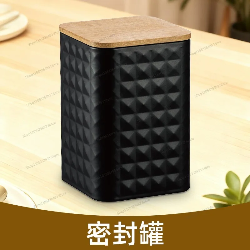 For Square Metal Pattern Sealed Jar Coffee Beans Tea Sugar Food Storage Box Bamboo Lid Metal Jar 3
