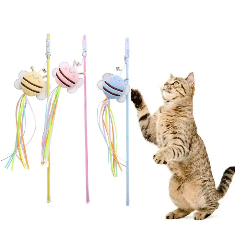 Colorful Plush Bee Fishing Rod Cat Teaser Wand With Bell Bite Resistant Pet Playing Teaser Wand Home Indoor Pet Self Happy Toys