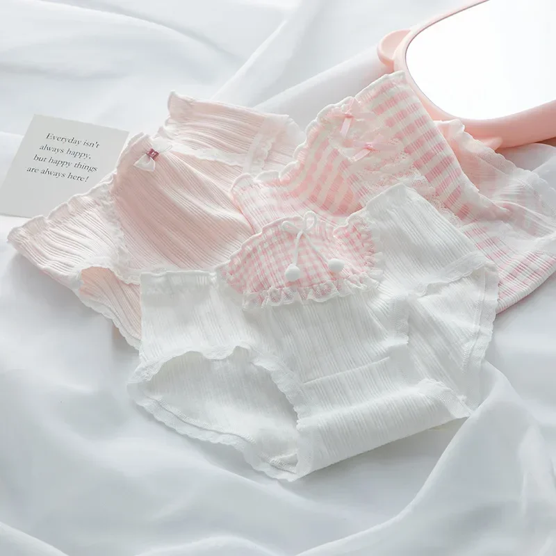 الحلو لطيف الوردي الدانتيل شريط سراويل النساء لوليتا مثير القطن السروال الفتيات منتصف الخصر موضة سلس ملخصات الملابس الداخلية
