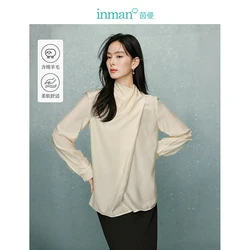 INMAN lace-up Shirts 2024 Autumn Women's Blouses with 11.4% sheep wool long-sleeved tops temperament