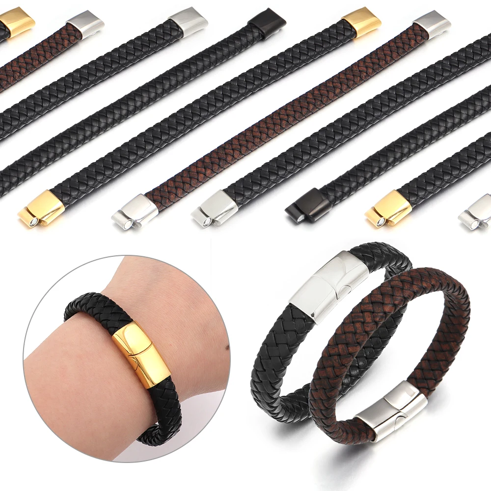 18.5/20.5/22cm Vintage Hand Braided Leather Bracelets Stainless Steel Magnetic Clasps Bracelets For Men Womn Jewelry Gifts