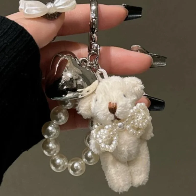 1/2pcs Cute Fluffy Plush Bear Pearl Bowknot Pendant Keychain For Car Keys iPhone Accessories Trendy Heart Keyring Women Handbag