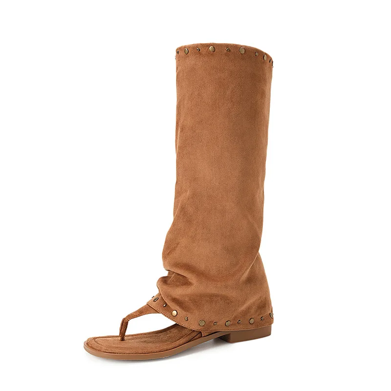 Studded  Flip-Toe Flat Sandals Suede Pleated Trouser Boots For Women Shoes Rivets Botte Femme Slip-On Stretch Botines Femininas