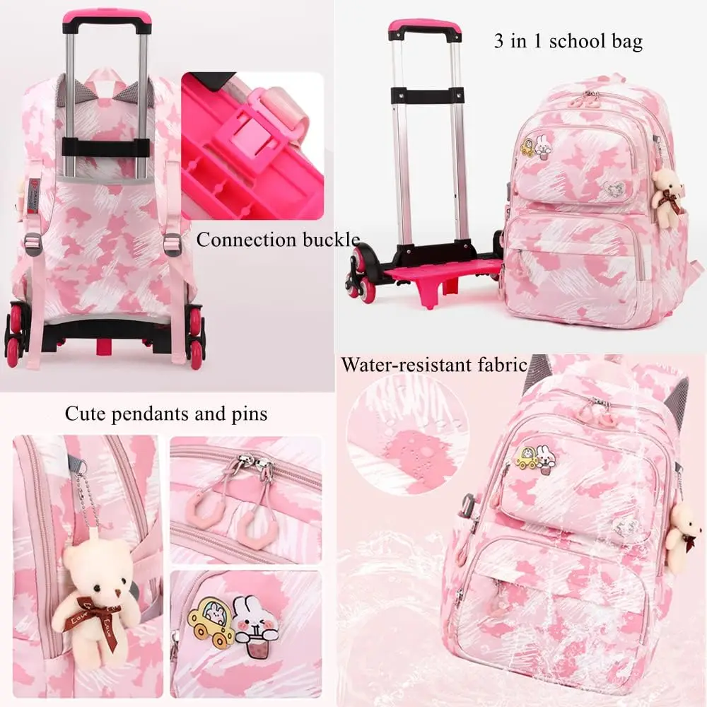 Students Backpack for Girls Children School Bag with Wheels Trolley Backpack Cute Schoolbag Rolling Wheeled Backpack Book Bags