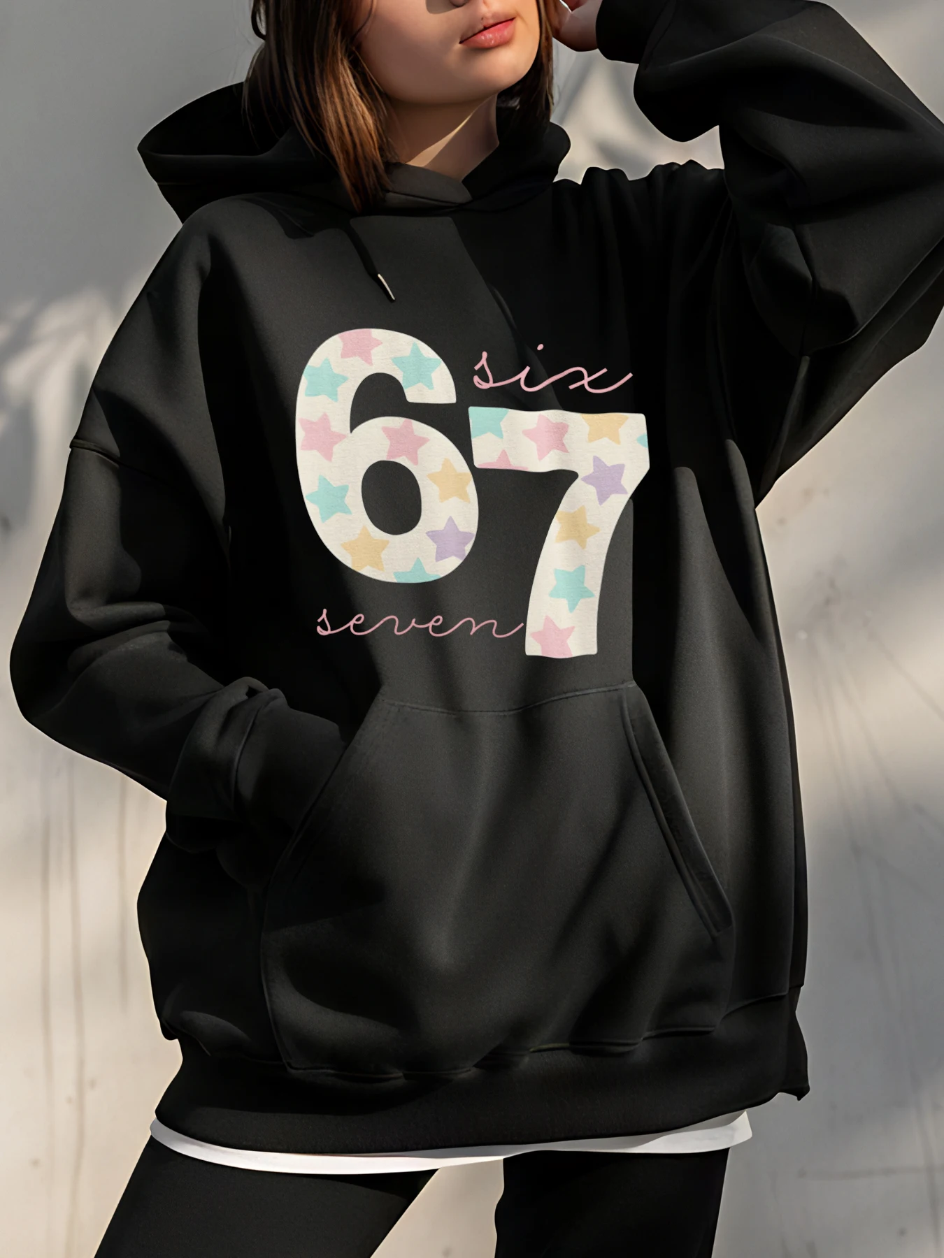 Star Print Hoodie with Number Sixty Seven Design Casual Streetwear for Women Urban Outfit Style