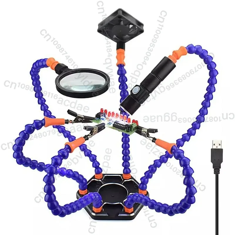 

Universal Auxiliary Clamp - Six-claw multifunctional aluminum alloy soldering station with lighted magnifying glass fan