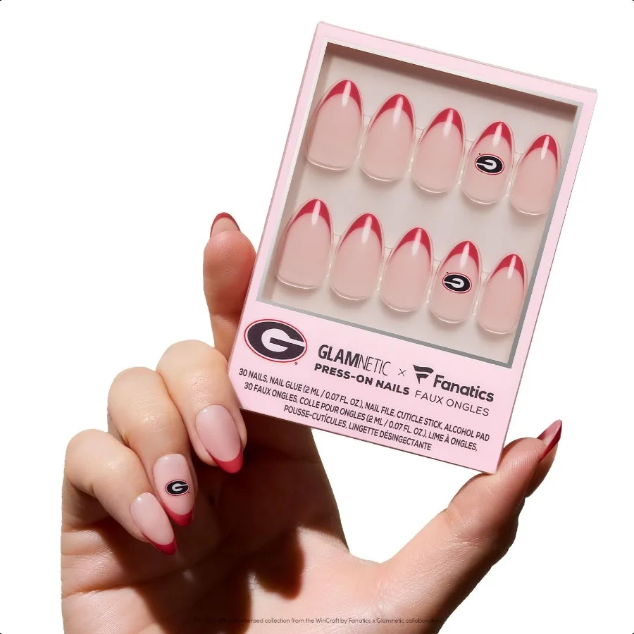 

Glamnetic x Fanatics Pr On Nails Джорджия Бульдоги Короткие миндалевидные накладные ногти Коlegiate Bulldogs Красные французские кончики Студенческие ногти Sal