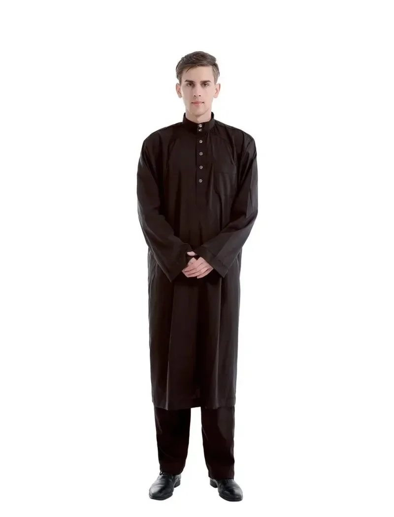 Jubah Muslim kostum Arab pria Thobe Ramadan kostum Solid Arab Saudi Arabia Lebaran Turki Abaya pakaian Islami nasional pria