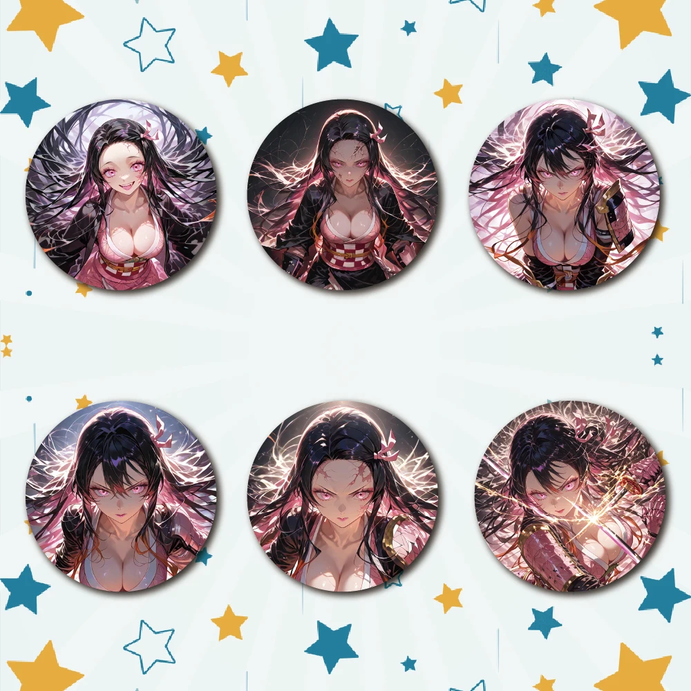 

58mm Cute Anime Demon Girl Badge - Nezuko Kamado Pin Tinplate Badge with Glass Glitter Film Refrigerator Magnet Mirror Keychain