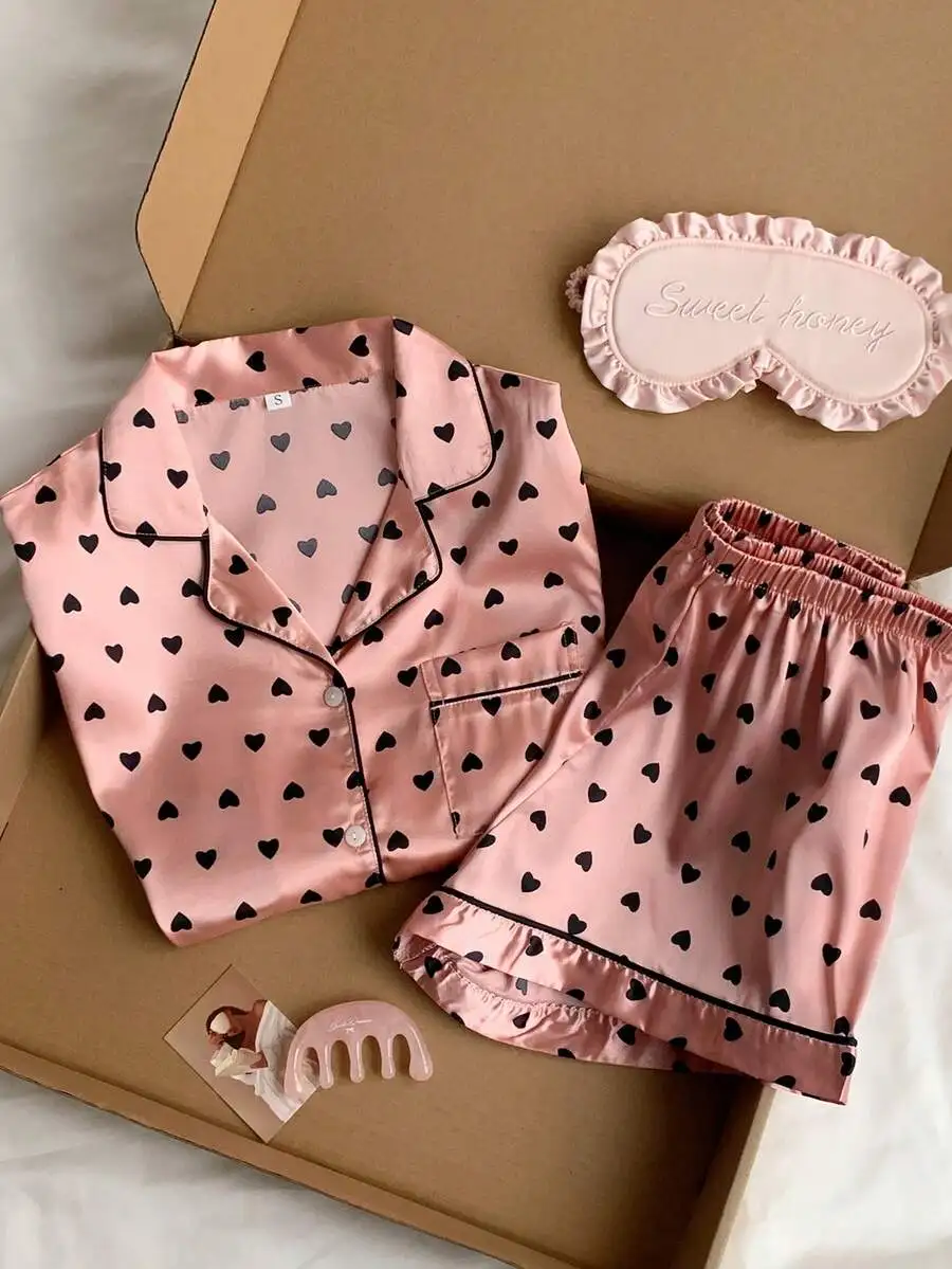 

Pink Heart Print Satin Pajama Set With Contrast Piping