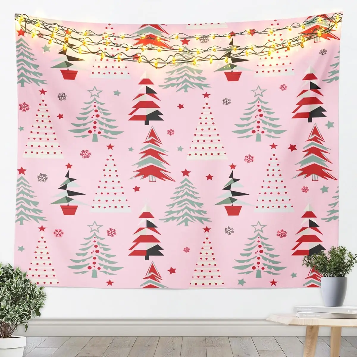 Christmas Tree Tapestry Kids Xmas Snowflake Wall Art for Bedroom Living Rooms, Pink Wall Hanging Blanket Breathable Soft Decor