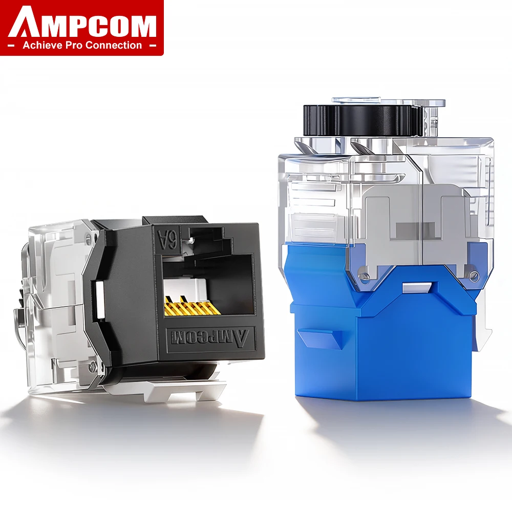 AMPCOM Cat6A/Cat6 RJ45 Keystone Jack Ratchet-Lock Type Tool-Free, 50U Gold Plated Network Plug Module Connector for Office, Home
