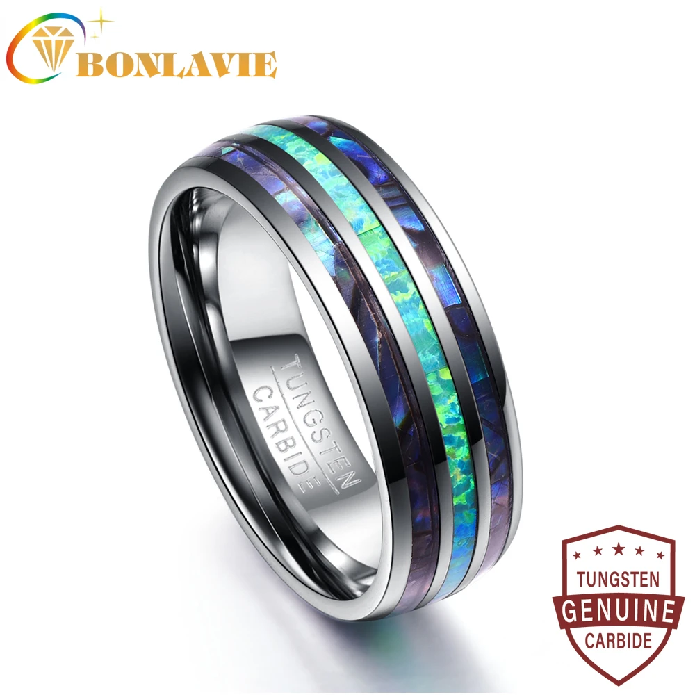 BONLAVIE 8MM Wide Polished Abalone Shell Tungsten Carbide Rings Dome Triple Grooved Opal Tungsten Steel Jewery Never Fade T082R