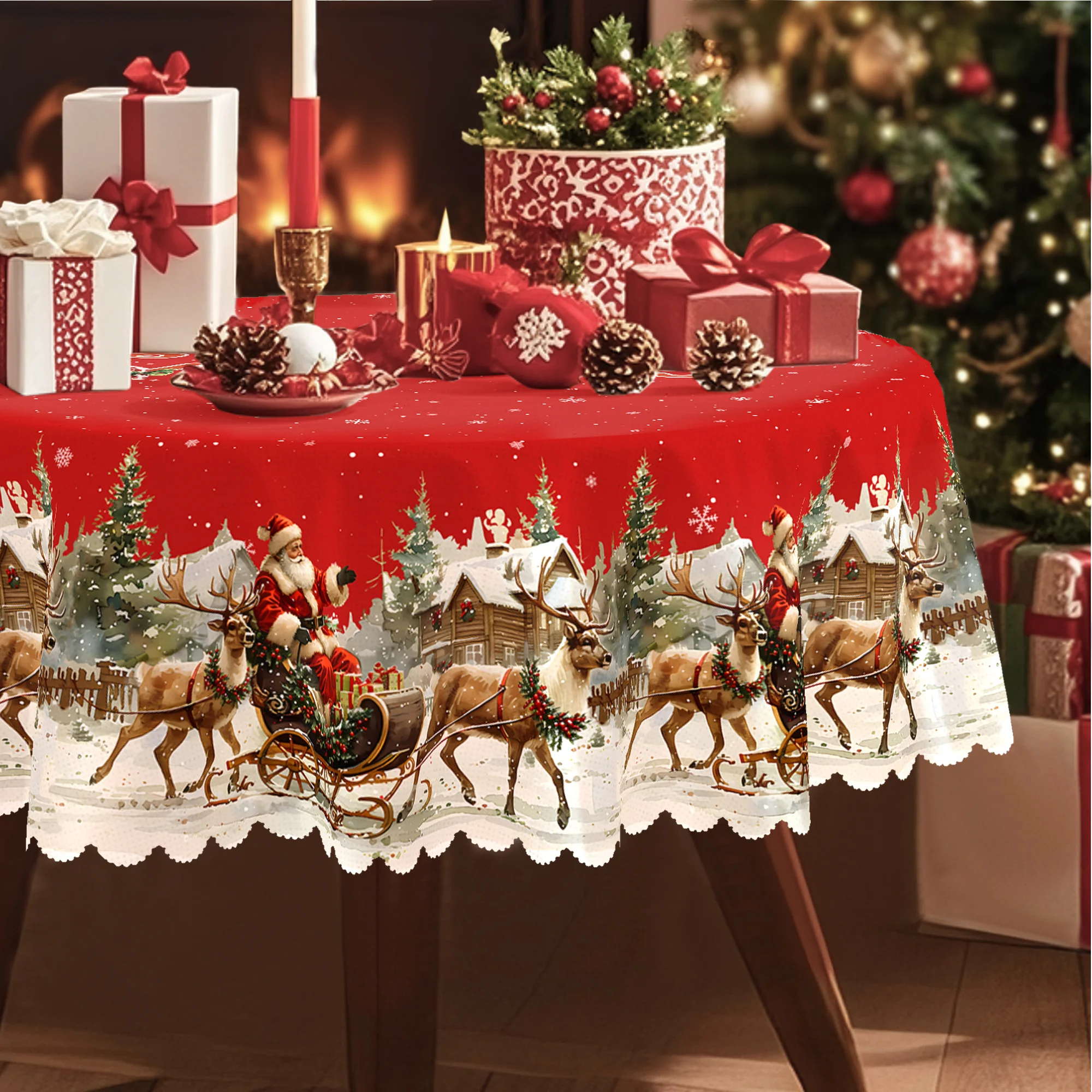Scene design of Santa Claus riding on a reindeer sleigh, with a retro style, perfect for Christmas