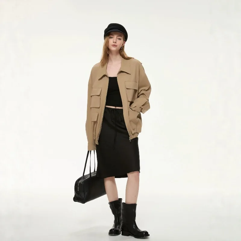 New Women's Clothing for Autumn and Winter. Retro Workwear Style Three-dimensional Large Pocket Loose Coat. Lapel Jacket Top.