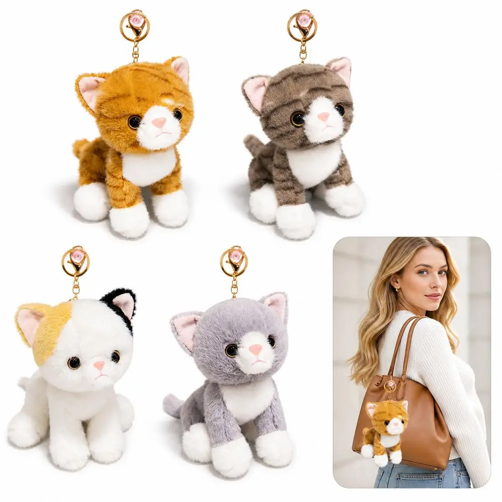 Gifts Realistic Kitten Shape Cat Keychain Furry Soft Keychain Cute Sitting Cat Metal Key Ring Bag Accessory