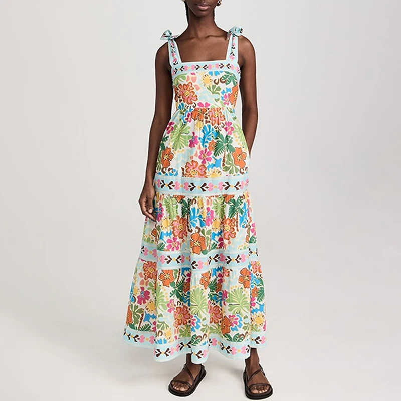 Vestidos de vacaciones plisados con estampado Floral a la moda, vestido largo con tirantes finos de verano, vestido bohemio sin mangas de corte bajo para playa, vestido Sexy