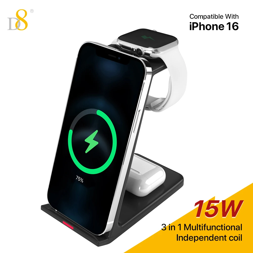 D8 Wireless 3-in-1 Magnetic15w Fast charging station compatible with Apple iWatch 7/6/ Apple AirPods Pro/ Apple iPhone 16/15/14