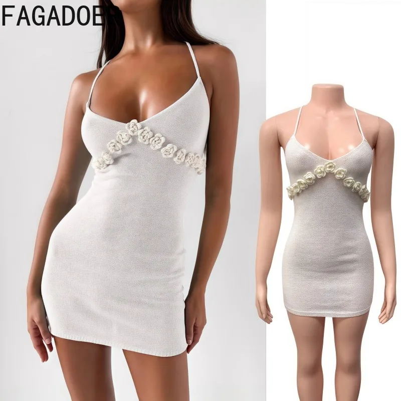 

FAGADOER Sexy Knitting Bodycon Mini Dress Women Halter Low-Neck Cross Bandage Backless Dresses Female Holidays Vestidos Summer