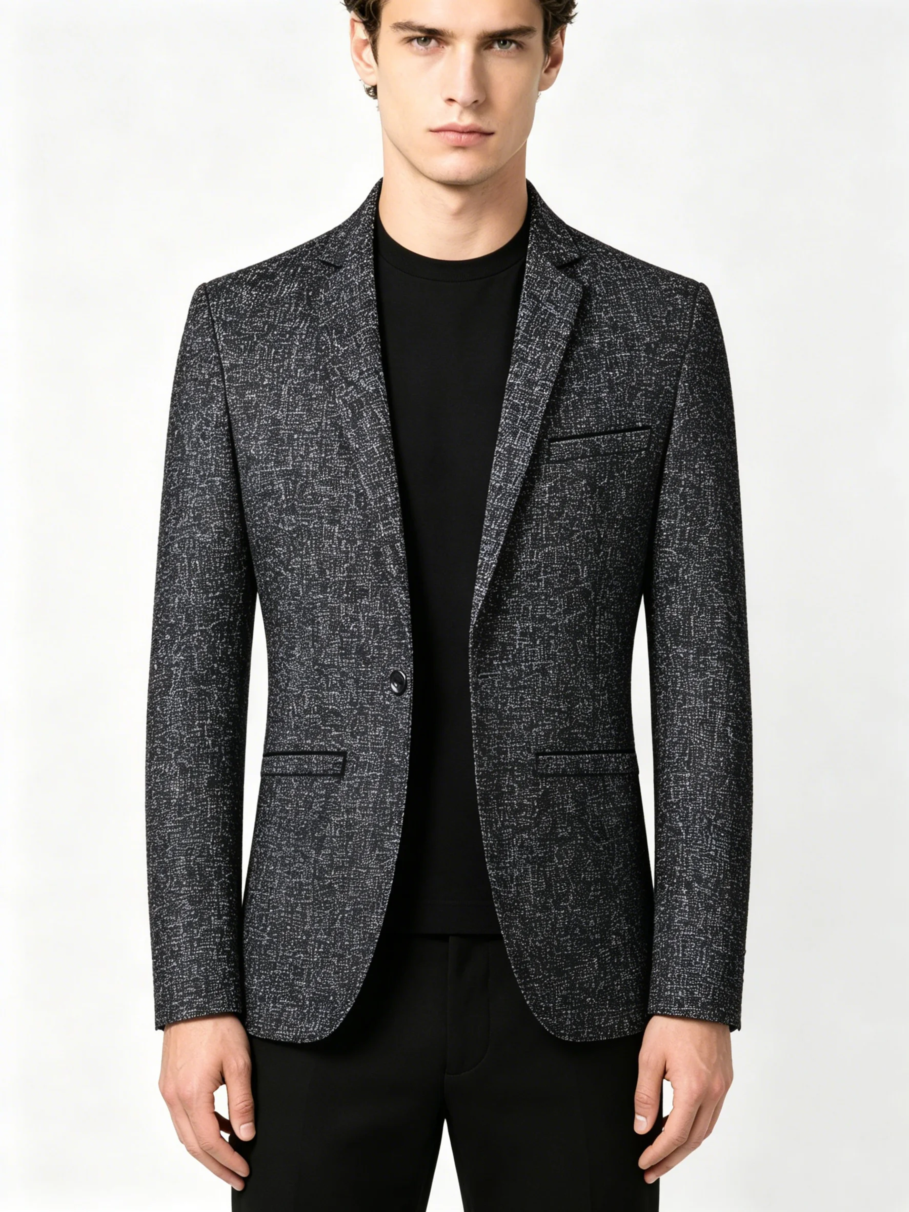 Men Textured Tweed Blazer Single Button Slim Fit Casual Suit Jacket Black White Speckled Knit Business Sport Coat Daily Commuter