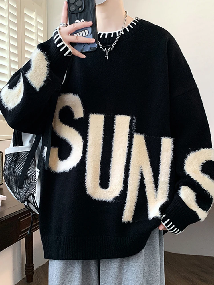 

Мужской вязаный свитер с круглым вырезом, зима 2024, новинка, с вышивкой букв, базовый слой, теплая внутренняя одежда, зимняя одежда, топ