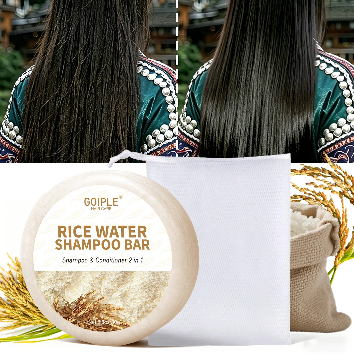 

GOIPLE 80g Rice Water Hair Soap,Shampoo Conditioner 2-in-1 Hair Care Bar,Natural Gentle Ingredients Washing Smoothing White Soap