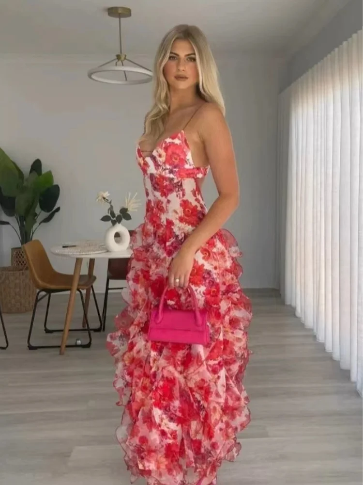 Summer New 2024 Women Sexy scollo a V Backless Flower Chiffon Maxi abiti Dress Split Celebrity Cut Out Beach Maxi Dress