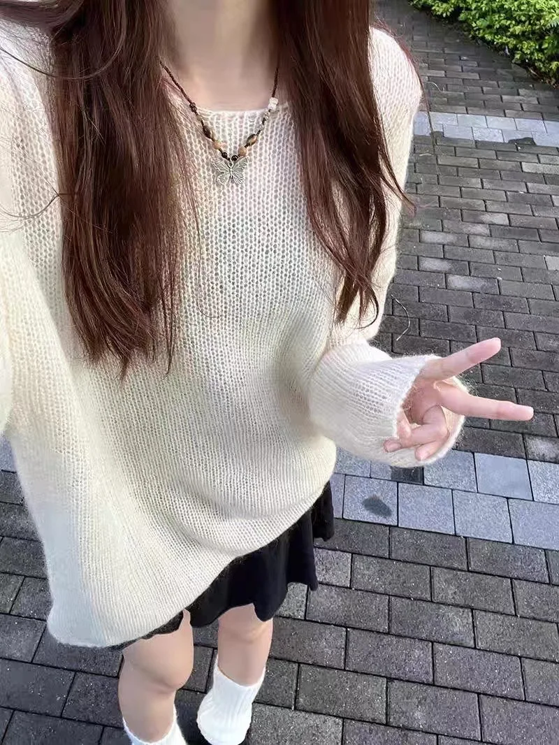 New Autumn Beige Thin Transparent Long Sleeve Knitted Sweater With Hollowed Out Solid Color Basic Sheer Knitting Pullovers Top