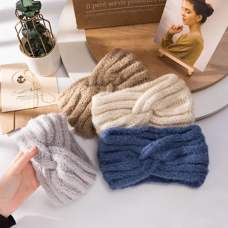 Retro Wool Band Autumn Winter Twist Headwear Wide-brimmed Weave Headdress Women's Hair Accessories Bow Knitted Hairband Turbans