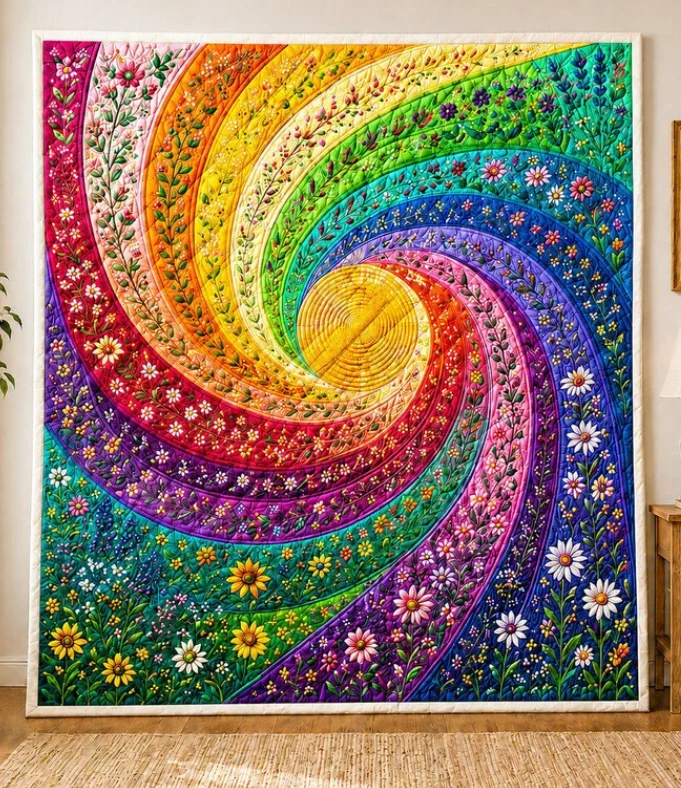 Vibrant Rainbow Swirl Wildflower Quilt Blanket, Bohemian Spiral Floral Patchwork Flannel Throw Blanket, Soft Cozy Decor Blanket