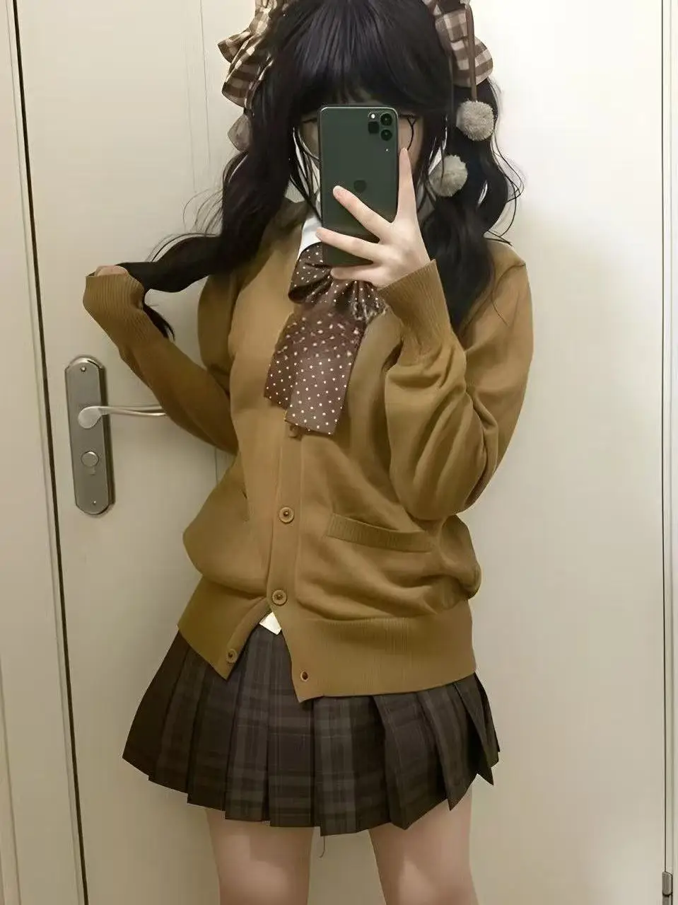 

Оригинальный комплект в стиле карамельный круассан: японский стиль JK, осенне-зимний комплект, юбка в клетку, длинный свитер, стиль колледж, мягкий и нежный стиль для девушек