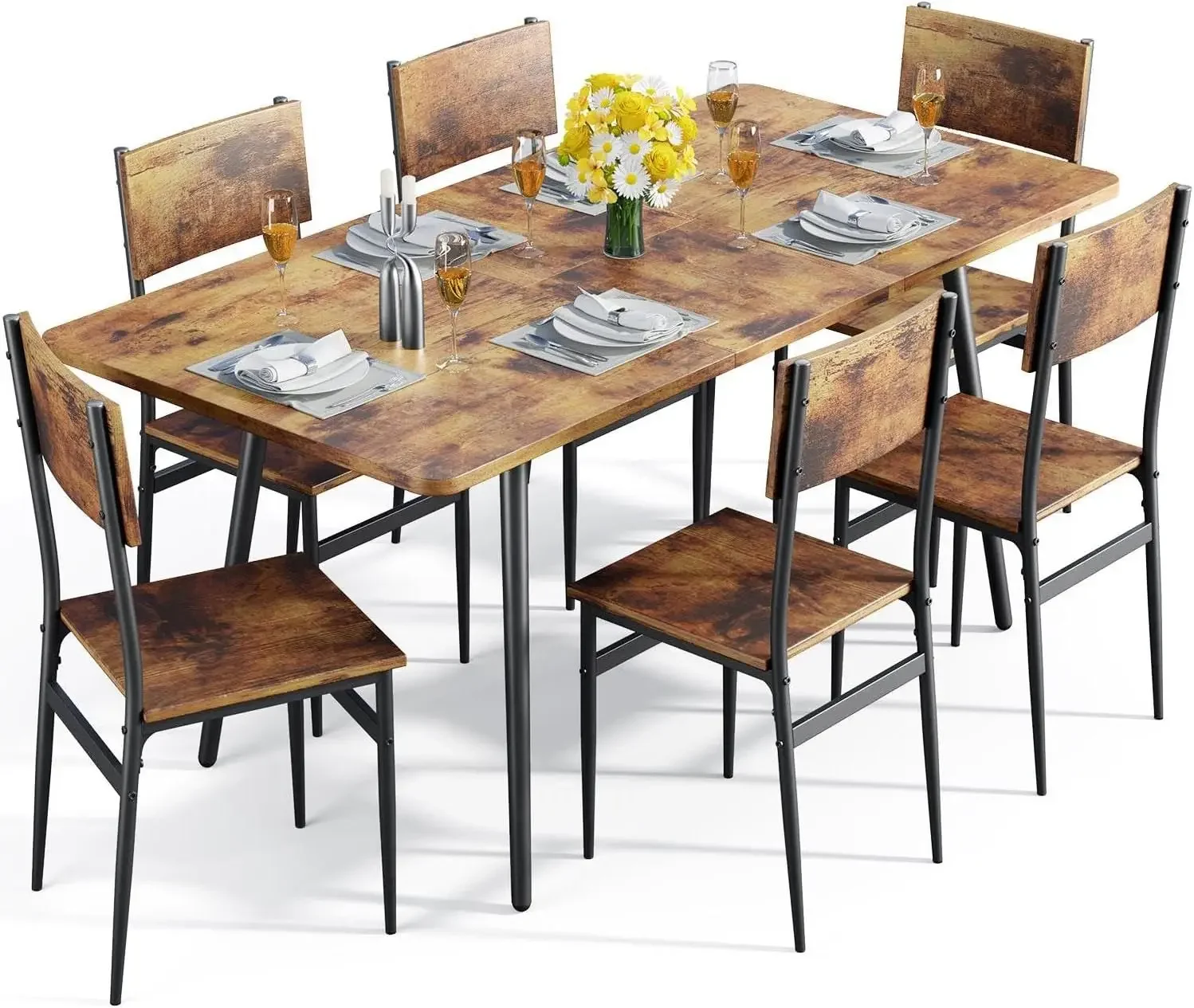 Dining Table Set for 4-6 People, 7-Piece Dining Table Set for 6 People with 6 Chairs, MDF Wood Board Kitchen Tabl