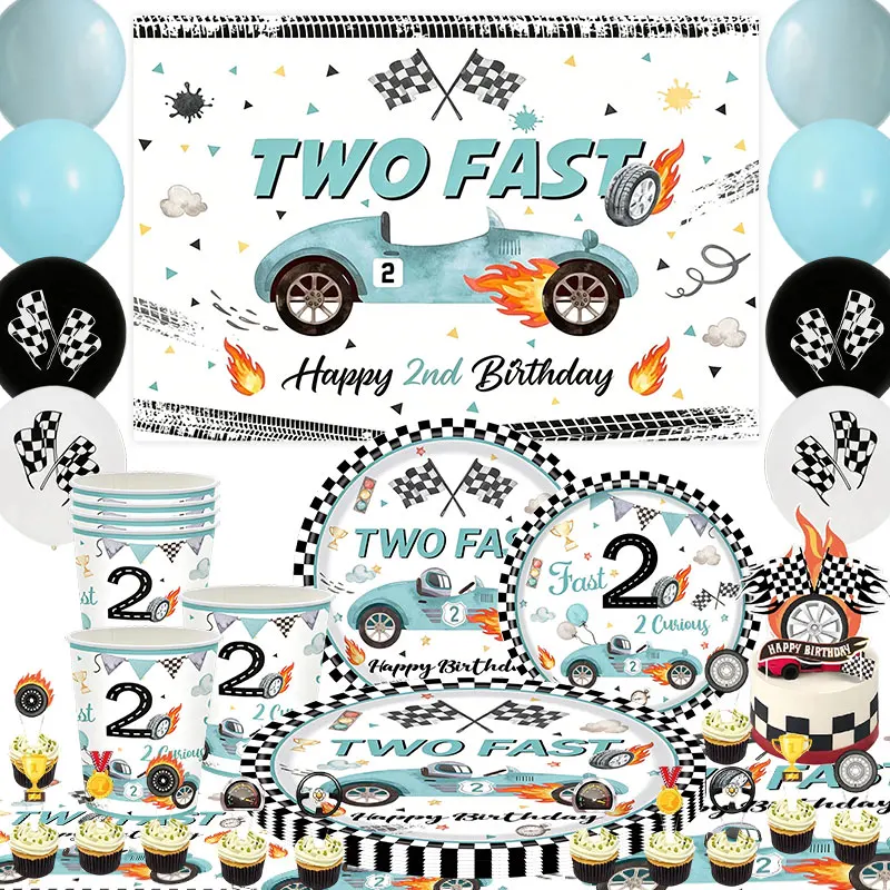 Vajilla Temática de Cumpleaños Two Fast, Platos de Papel con Diseño de Auto de Carreras, Vasos, Servilletas, Globos, Decoración para Fiesta de Cumpleaños Two Fast, Adorno para Pastel Infantil
