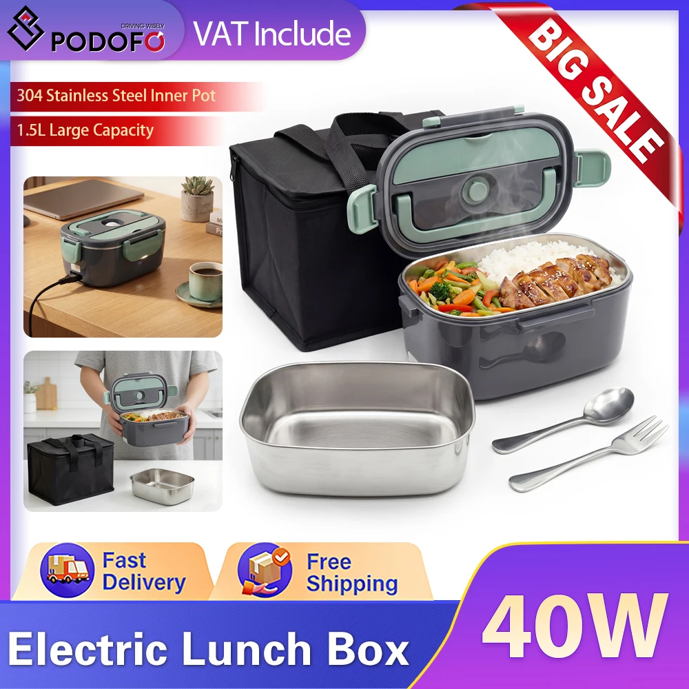 Podofo 1.5L 60W Chauffe-plat électrique portable double alimentation pour la maison, la voiture, le bureau, les navetteurs, les conducteurs, les camionneurs