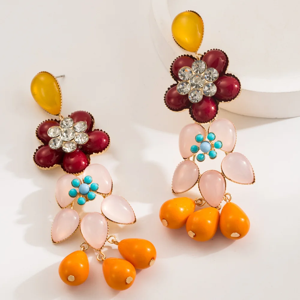 Bohemia Vintage Ethnic Blue Flower Tassel Drop Earrings for Women Jewelry Red Orange Resin Dangle Earrings Party Gift Wholesale