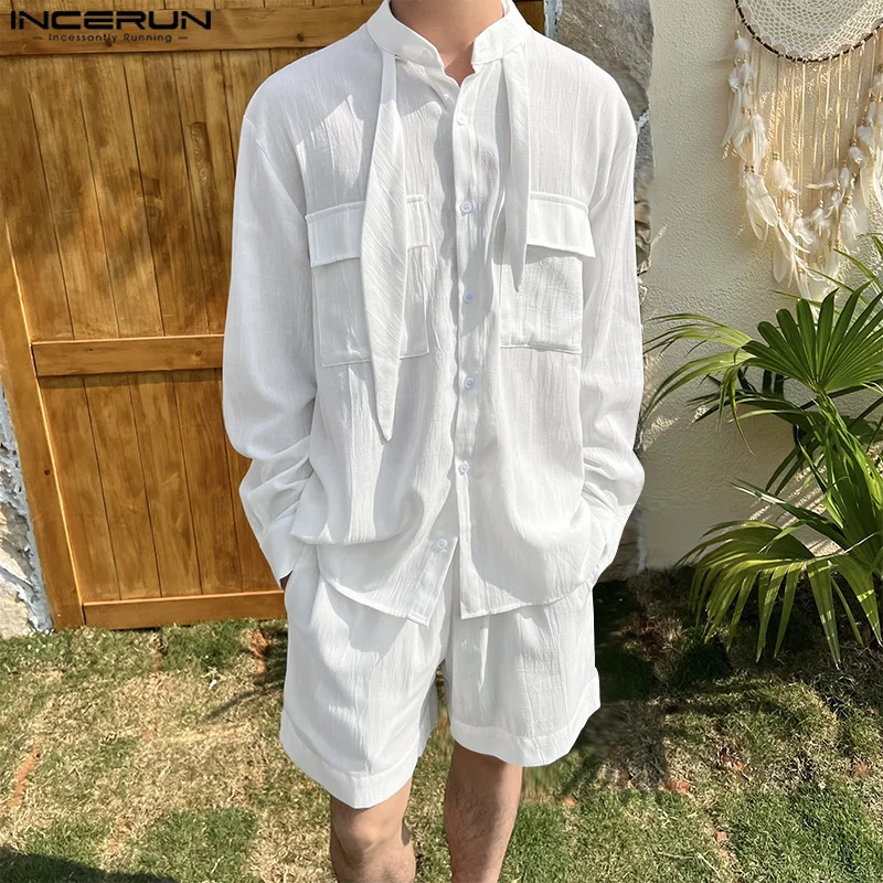 INCERUN เสื้อกันหนาวผู้ชายชุดสีทึบ OVERSIZE เสื้อแขนยาวและกางเกงขาสั้น 2PCS Streetwear ฤดูร้อน 2025 วันหยุดผู้ชายชุดลําลอง S-5XL