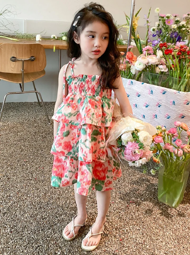 Summer Baby Girls Cotton Floral Printed Pleat Lace Up Shoulderless Strapped Layered Dresses Kids Sweet Skirt Child Outfits 2-8Yr