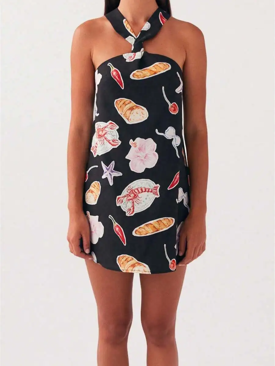 

Women Halter Neck Mini Dress Knotted Neck Sleeveless Lightweight Polyester Print Casual Summer Dress